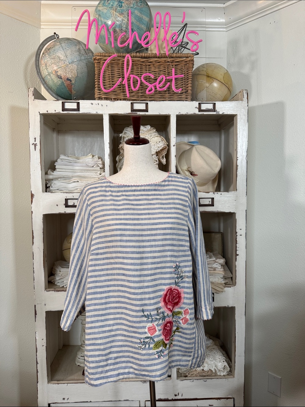 J. Jill Blue & White Striped Linen Top with Pink Trim